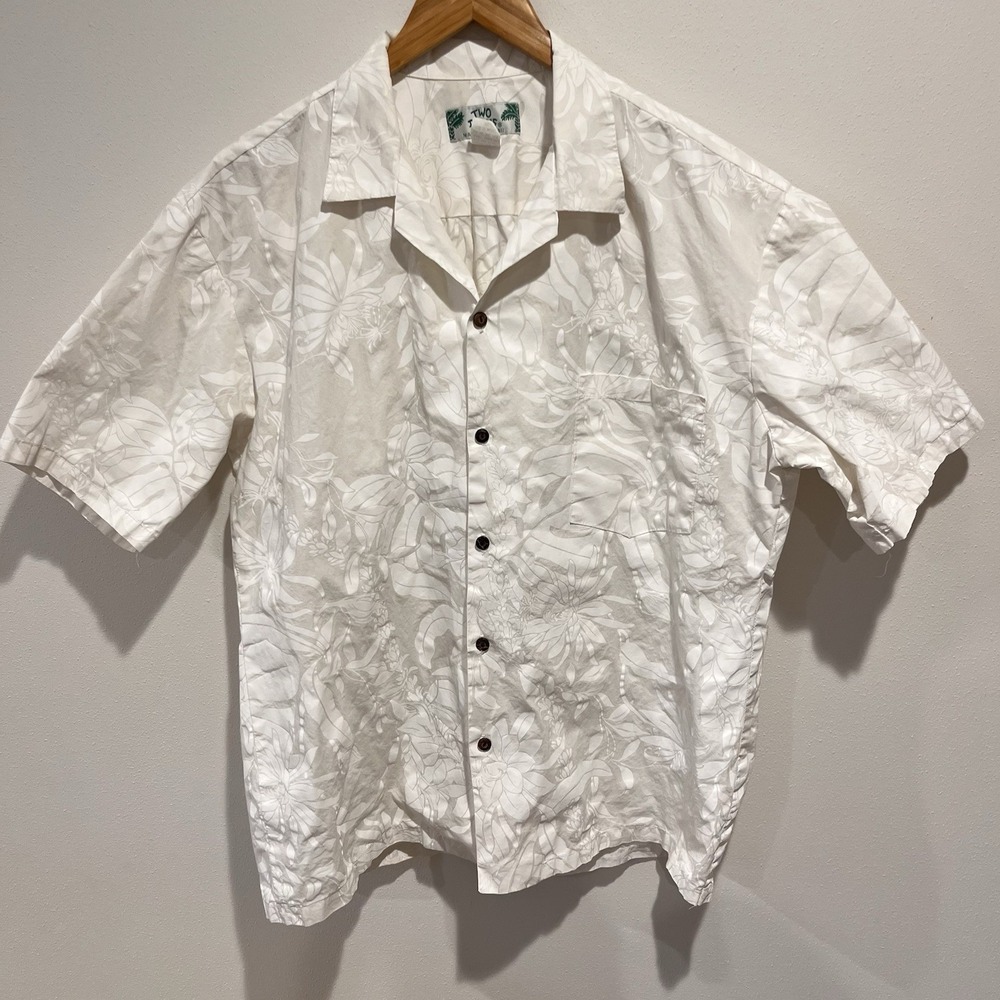 Two Palms Mens XL Shirt Hawaiian Aloha Button Short Sleeve White Cotton HI Made
